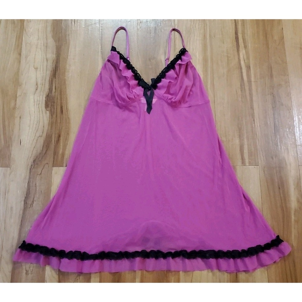 Cacique Intimates Pink Fuschia Semi‎ Sheer Lace Babydoll Lingerie Size 14/16